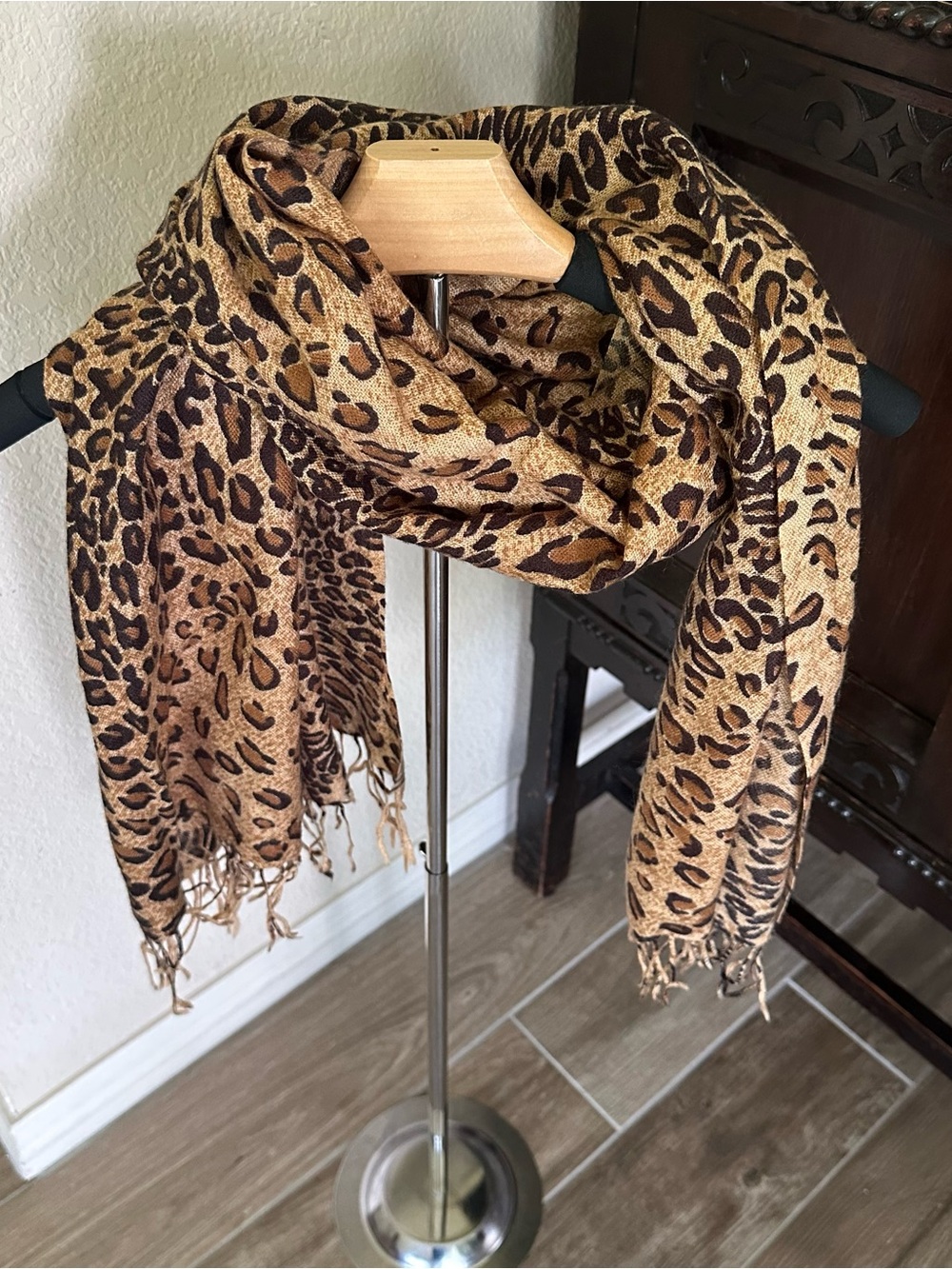 Leopard Print Safari Fringe  Scarf - Tan and Brown 26x70